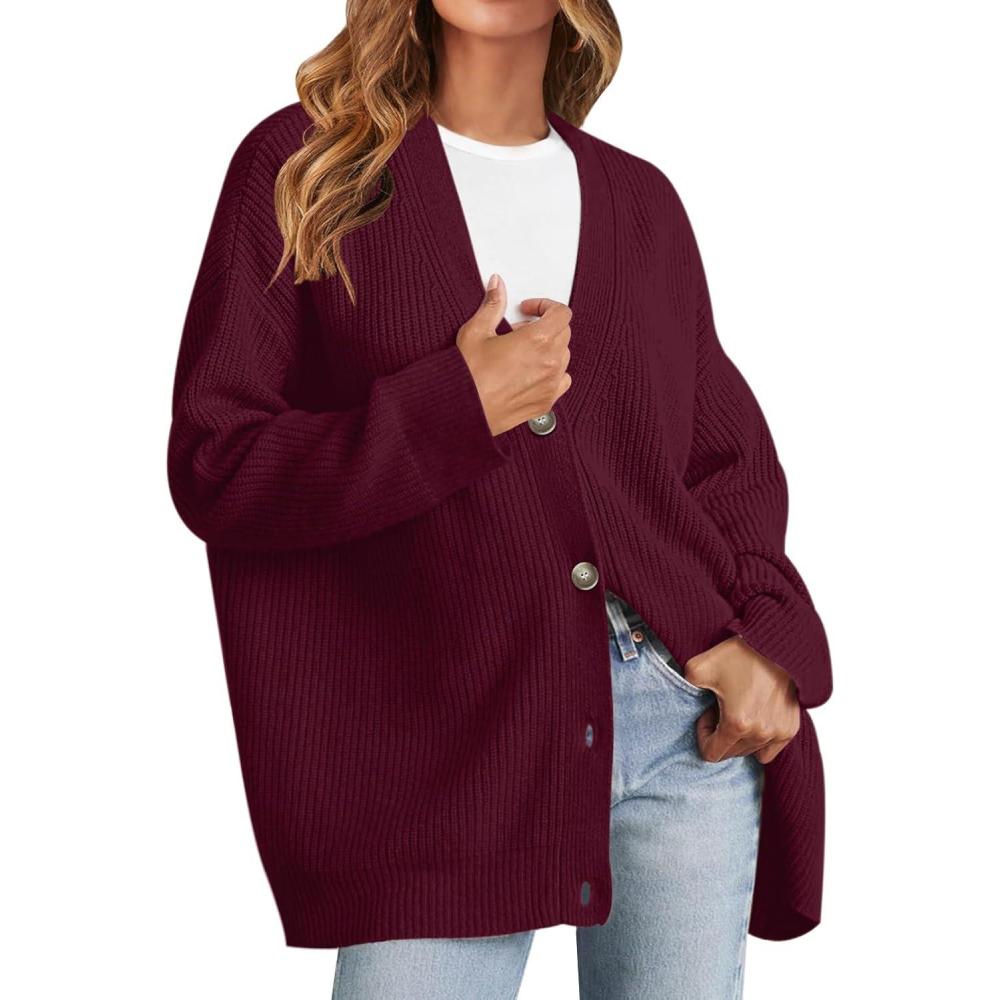 imageMEROKEETY Womens Cardigan Sweaters 2026 Fall Open Front Oversized Button V Neck Loose Soft Knit OutwearBurgundy