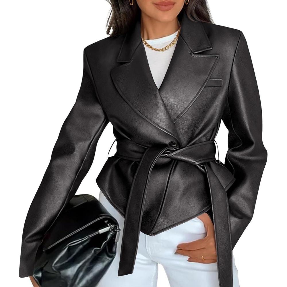 imageMEROKEETY Womens Fall Fashion 2025 Leather Jacket Casual Belt Button Down Blazer Trendy Coat OuterwearBlack