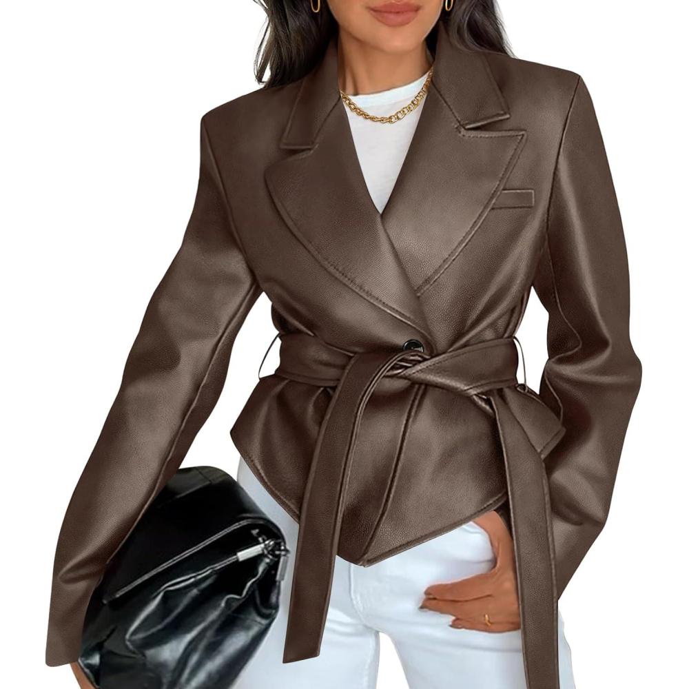 imageMEROKEETY Womens Fall Fashion 2025 Leather Jacket Casual Belt Button Down Blazer Trendy Coat OuterwearBrown