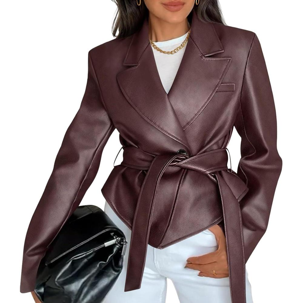 imageMEROKEETY Womens Fall Fashion 2025 Leather Jacket Casual Belt Button Down Blazer Trendy Coat OuterwearWine Red