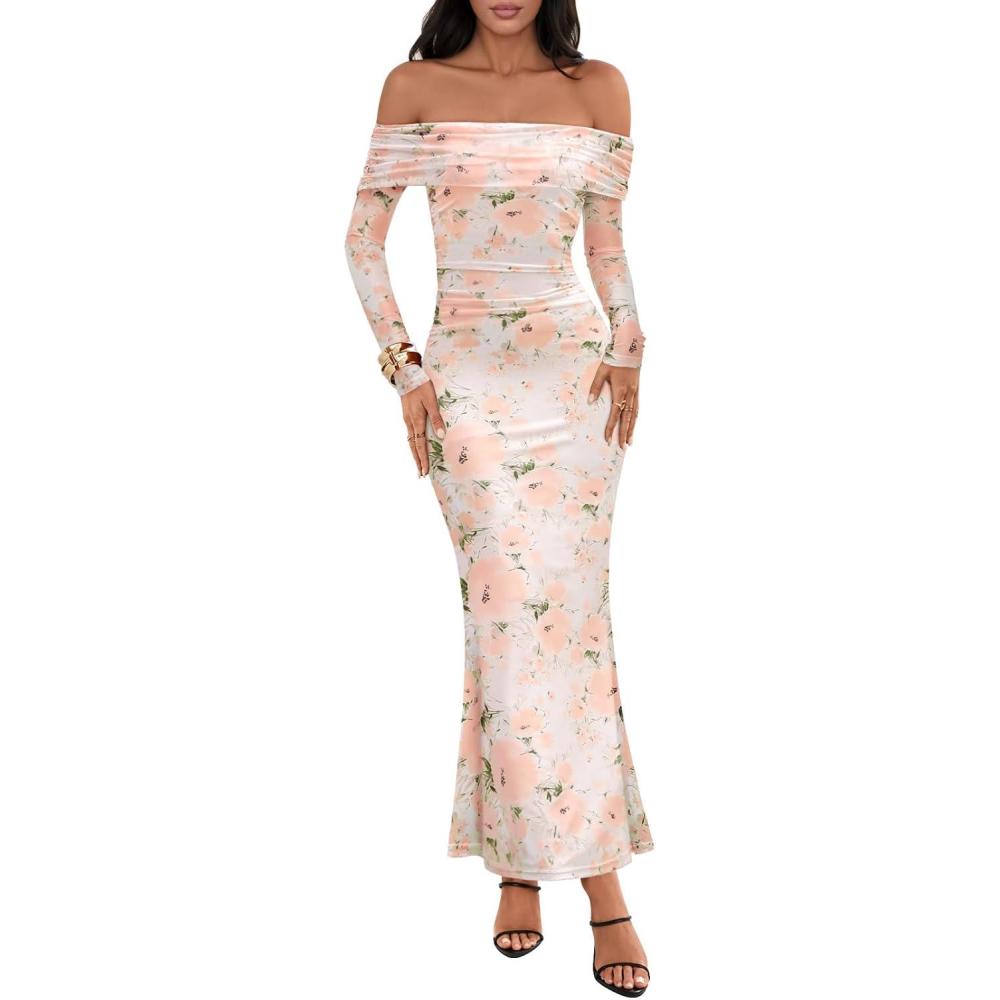 imageMEROKEETY Womens Fall Off Shoulder Floral Maxi Dresses Formal Long Sleeve Bodycon Cocktail Wedding Guest DressBeige