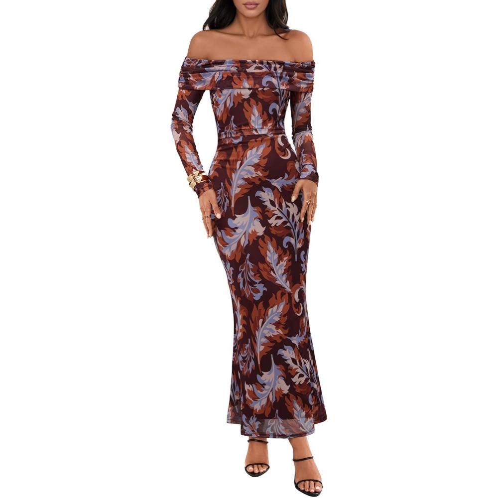 imageMEROKEETY Womens Fall Off Shoulder Floral Maxi Dresses Formal Long Sleeve Bodycon Cocktail Wedding Guest DressBrown