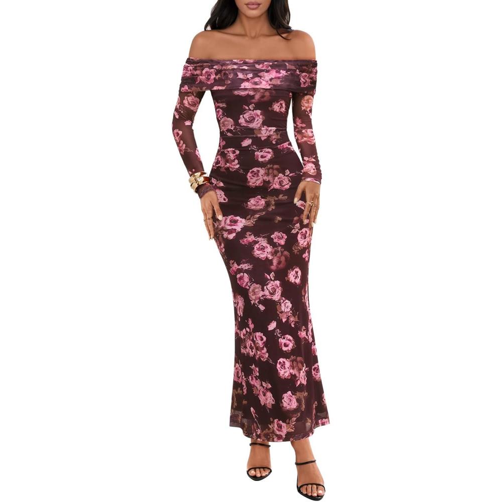 imageMEROKEETY Womens Fall Off Shoulder Floral Maxi Dresses Formal Long Sleeve Bodycon Cocktail Wedding Guest DressCoffee