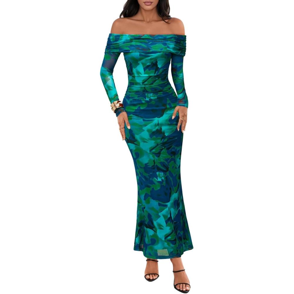 imageMEROKEETY Womens Fall Off Shoulder Floral Maxi Dresses Formal Long Sleeve Bodycon Cocktail Wedding Guest DressGreen