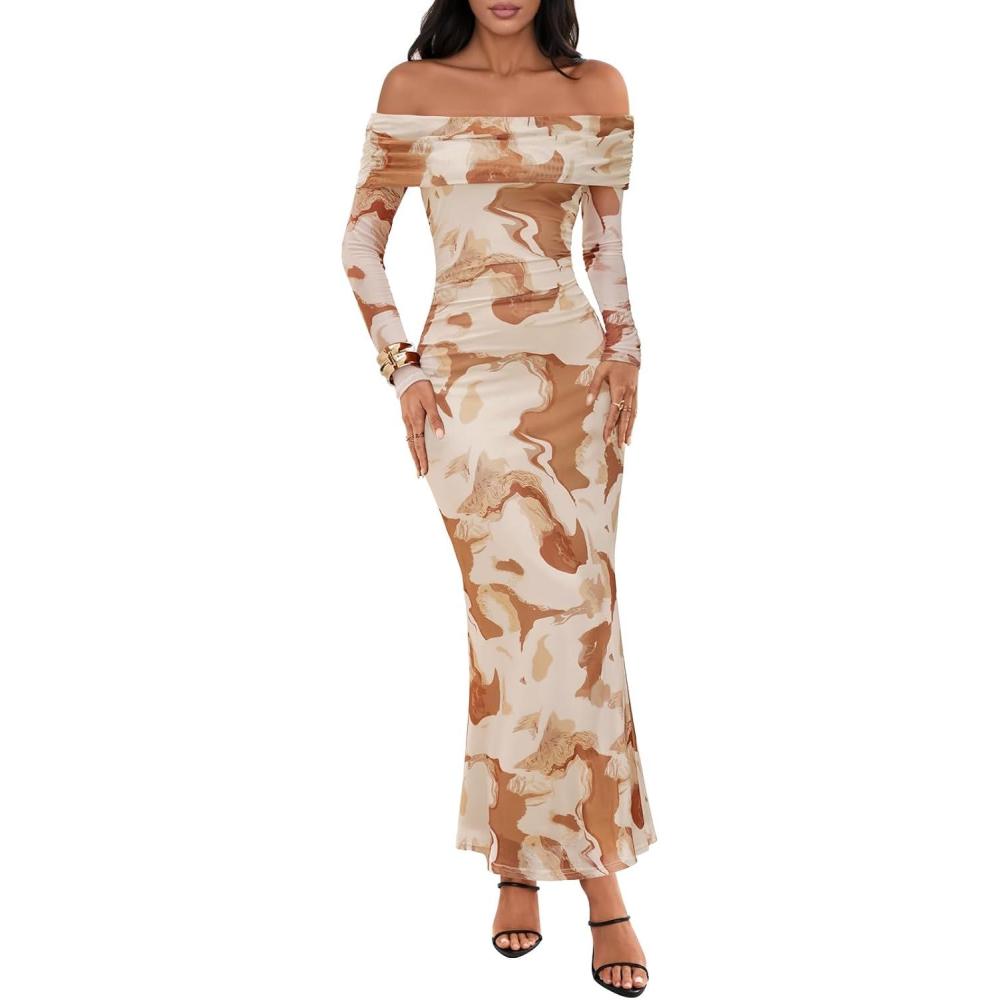 imageMEROKEETY Womens Fall Off Shoulder Floral Maxi Dresses Formal Long Sleeve Bodycon Cocktail Wedding Guest DressKhaki