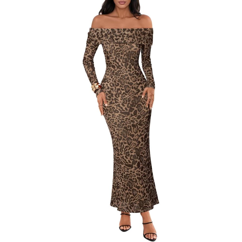 imageMEROKEETY Womens Fall Off Shoulder Floral Maxi Dresses Formal Long Sleeve Bodycon Cocktail Wedding Guest DressLeopard