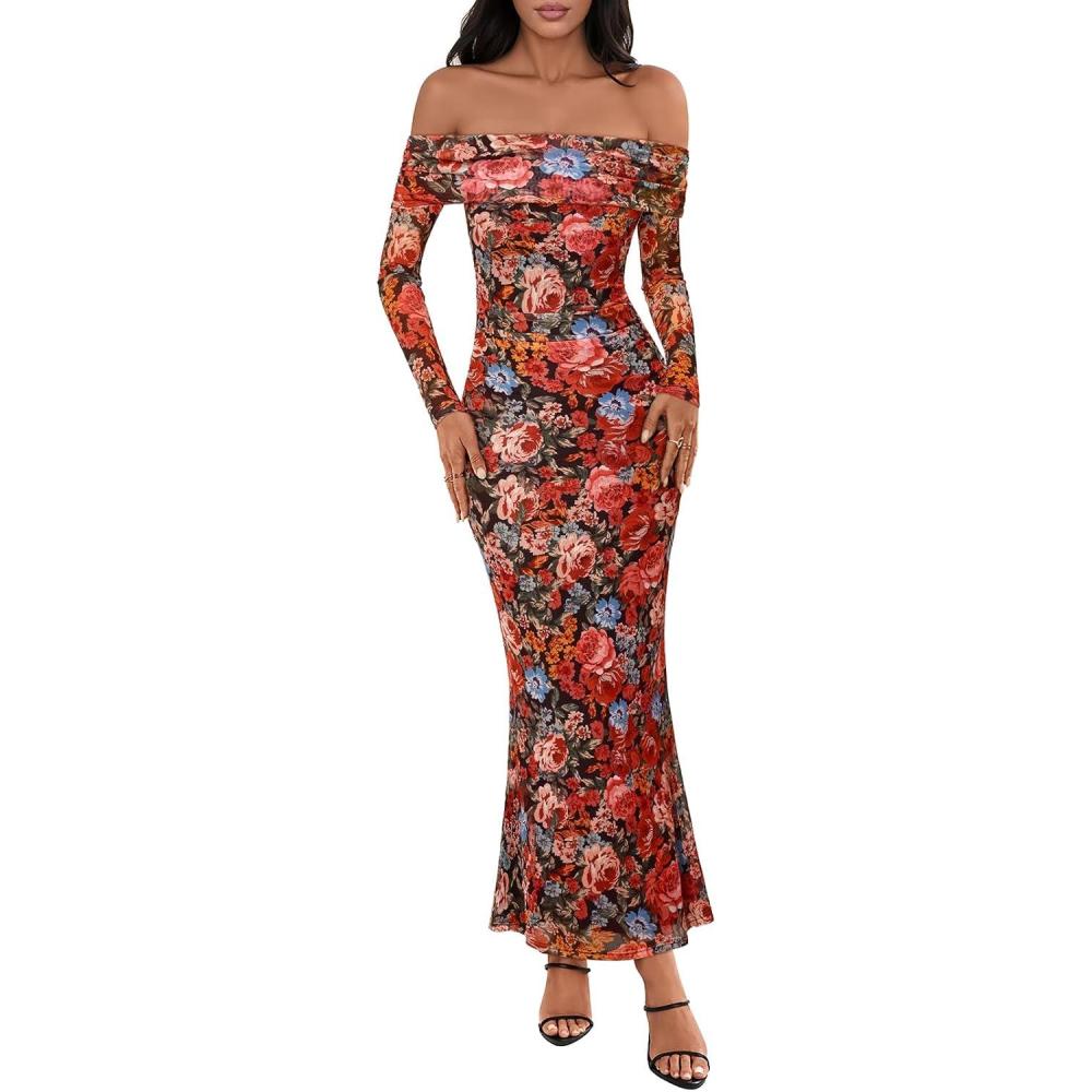 imageMEROKEETY Womens Fall Off Shoulder Floral Maxi Dresses Formal Long Sleeve Bodycon Cocktail Wedding Guest DressMulticolored