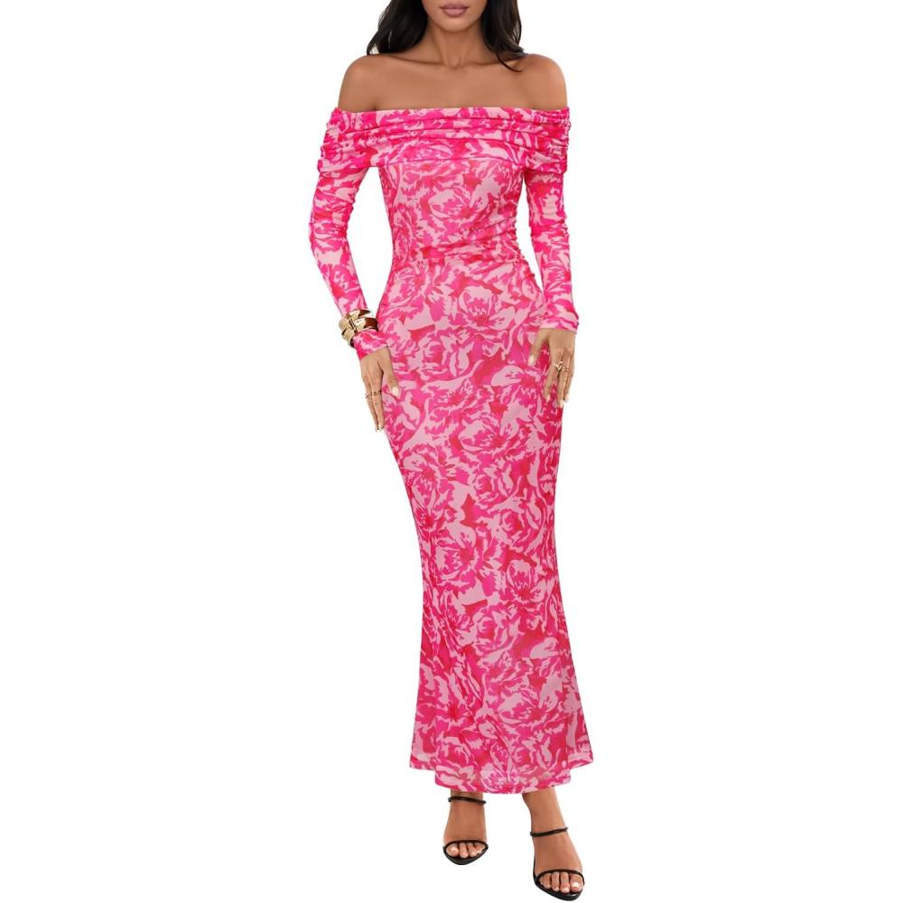 imageMEROKEETY Womens Fall Off Shoulder Floral Maxi Dresses Formal Long Sleeve Bodycon Cocktail Wedding Guest DressPink
