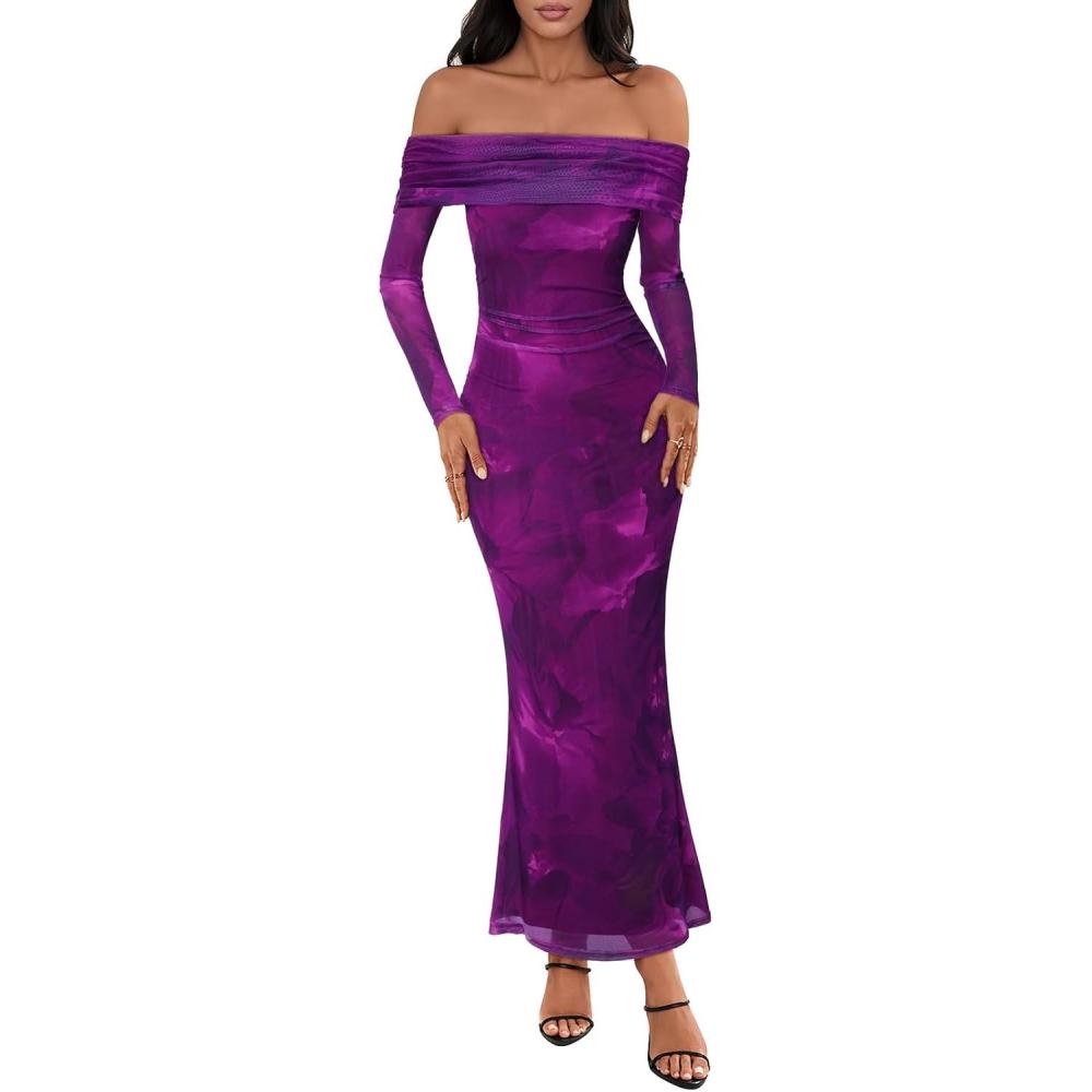 imageMEROKEETY Womens Fall Off Shoulder Floral Maxi Dresses Formal Long Sleeve Bodycon Cocktail Wedding Guest DressPlum