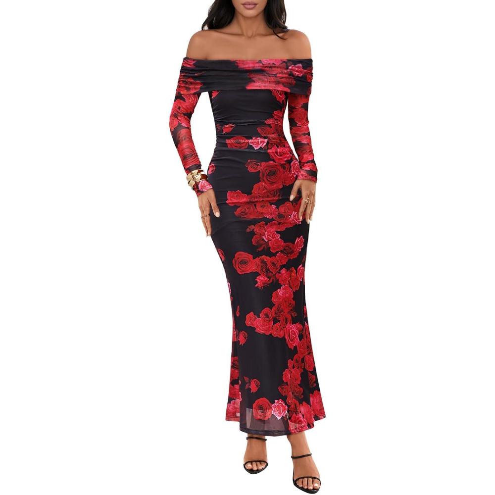 imageMEROKEETY Womens Fall Off Shoulder Floral Maxi Dresses Formal Long Sleeve Bodycon Cocktail Wedding Guest DressWine