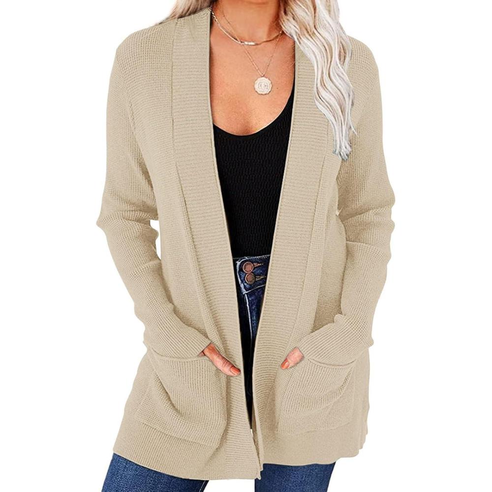 imageMEROKEETY Womens Fall Winter Cardigan Sweaters Lightweight Open Front Waffle Knit Sweaters with PocketsApricot
