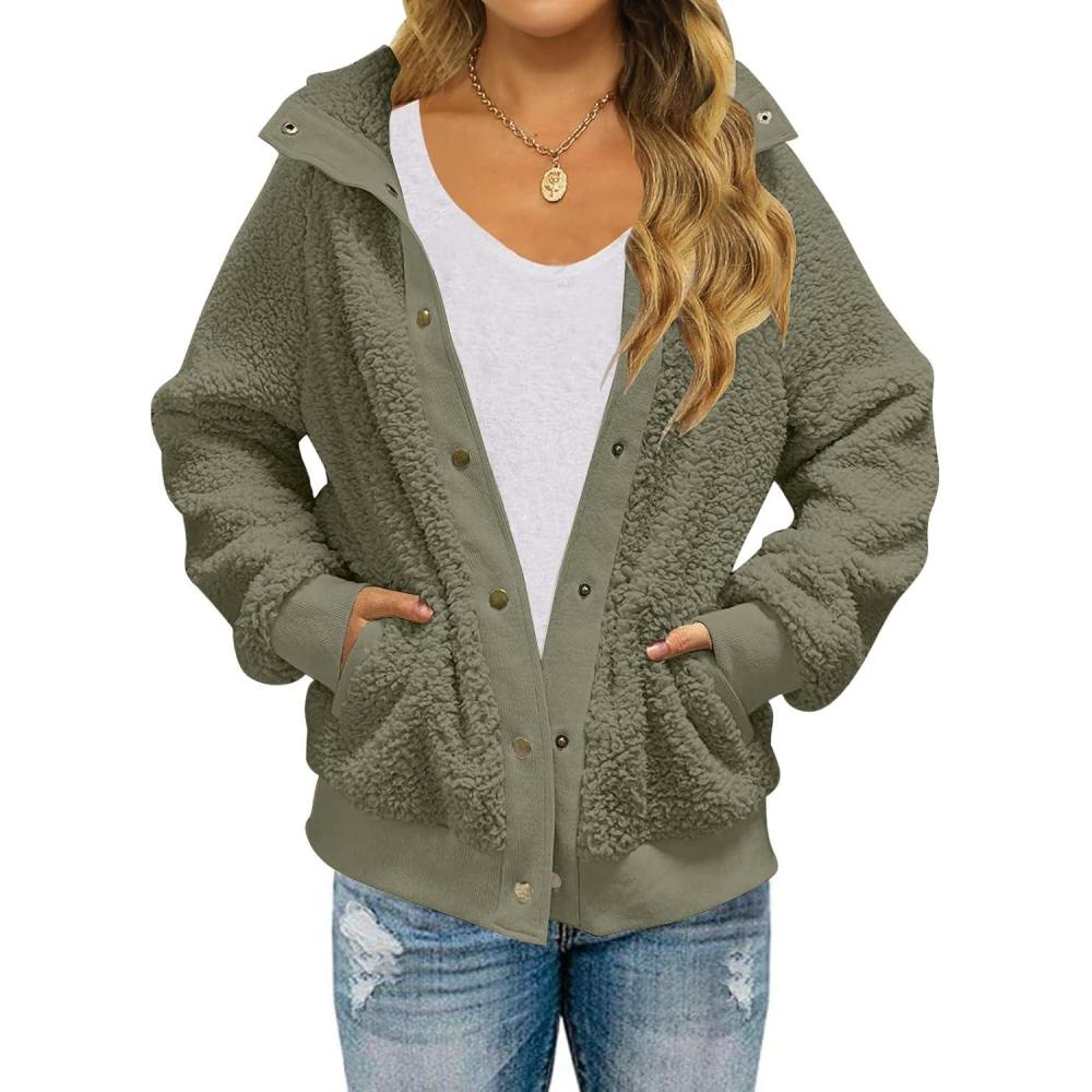 imageMEROKEETY Womens Fleece Sherpa Jacket Fall Winter Coats 2026 Fuzzy Button Down Warm Outerwear with PocketsArmy Green
