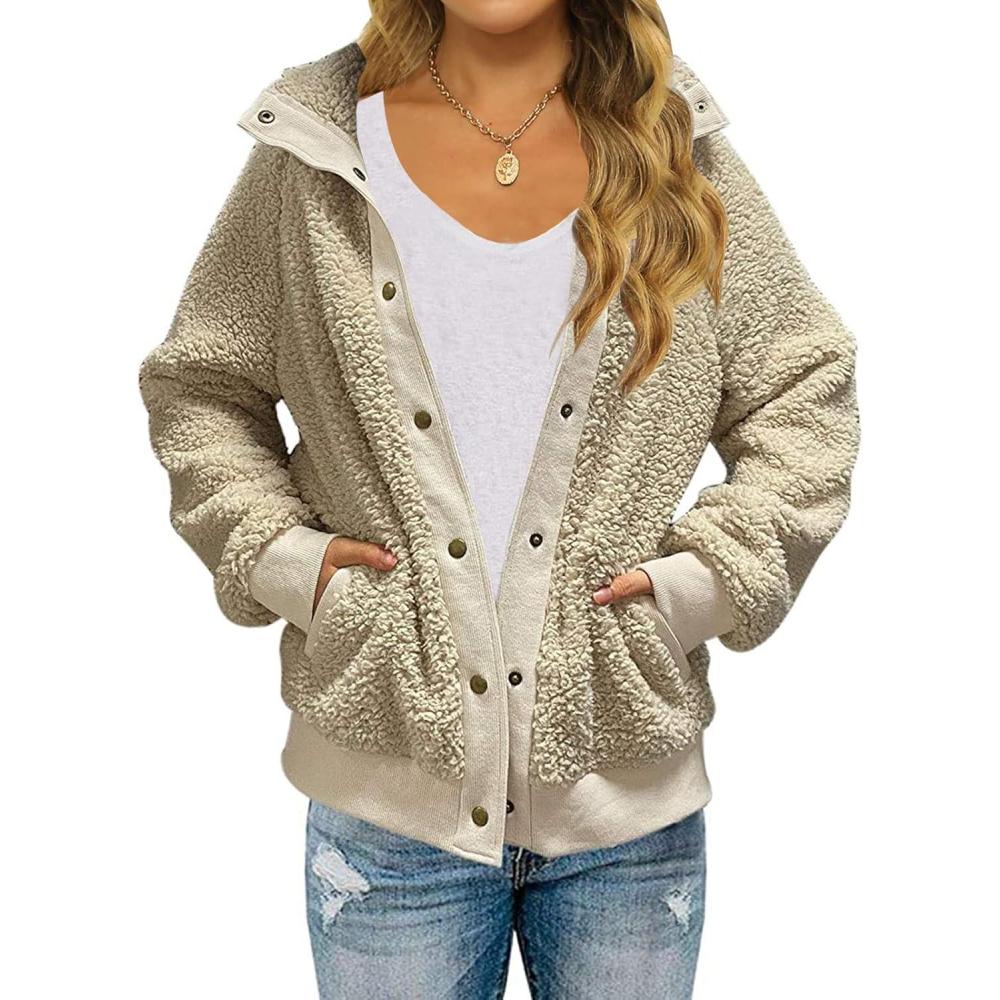 imageMEROKEETY Womens Fleece Sherpa Jacket Fall Winter Coats 2026 Fuzzy Button Down Warm Outerwear with PocketsBeige