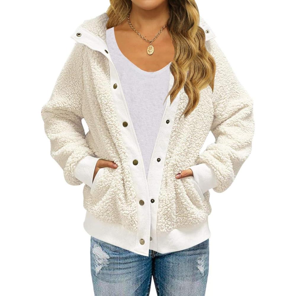 imageMEROKEETY Womens Fleece Sherpa Jacket Fall Winter Coats 2026 Fuzzy Button Down Warm Outerwear with PocketsCream