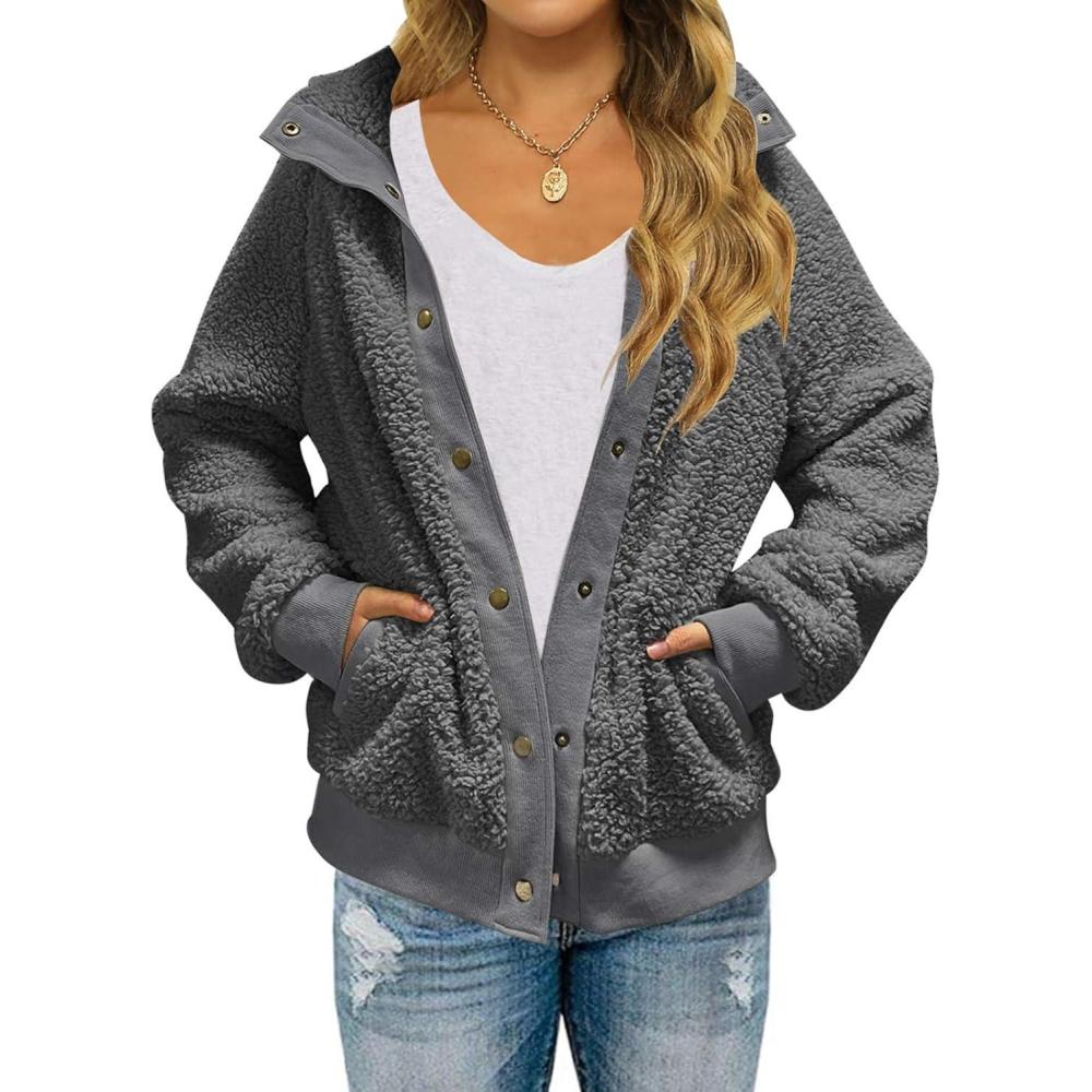 imageMEROKEETY Womens Fleece Sherpa Jacket Fall Winter Coats 2026 Fuzzy Button Down Warm Outerwear with PocketsDark Grey