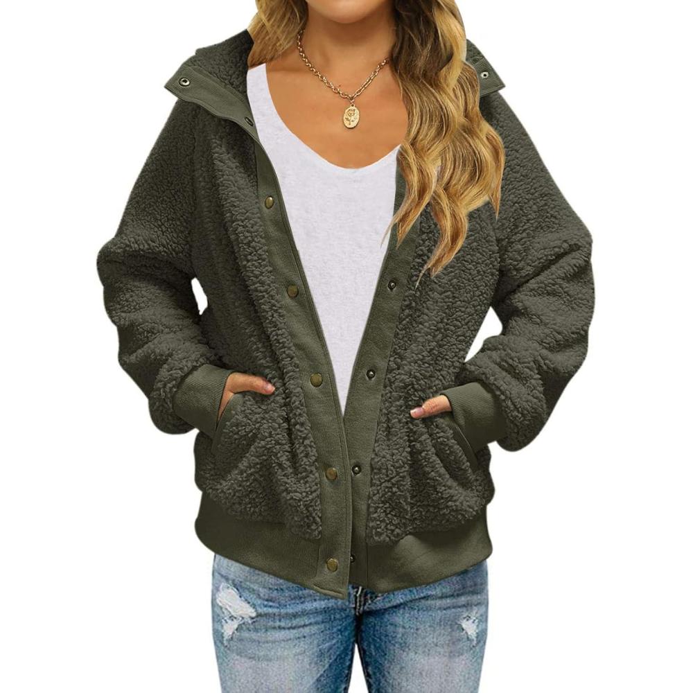 imageMEROKEETY Womens Fleece Sherpa Jacket Fall Winter Coats 2026 Fuzzy Button Down Warm Outerwear with PocketsGreen