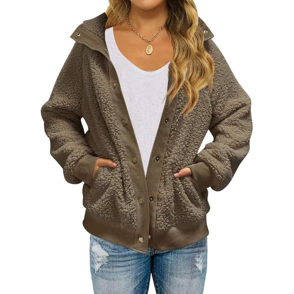 imageMEROKEETY Womens Fleece Sherpa Jacket Fall Winter Coats 2026 Fuzzy Button Down Warm Outerwear with PocketsMocha