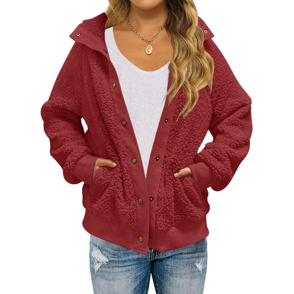 imageMEROKEETY Womens Fleece Sherpa Jacket Fall Winter Coats 2026 Fuzzy Button Down Warm Outerwear with PocketsWine