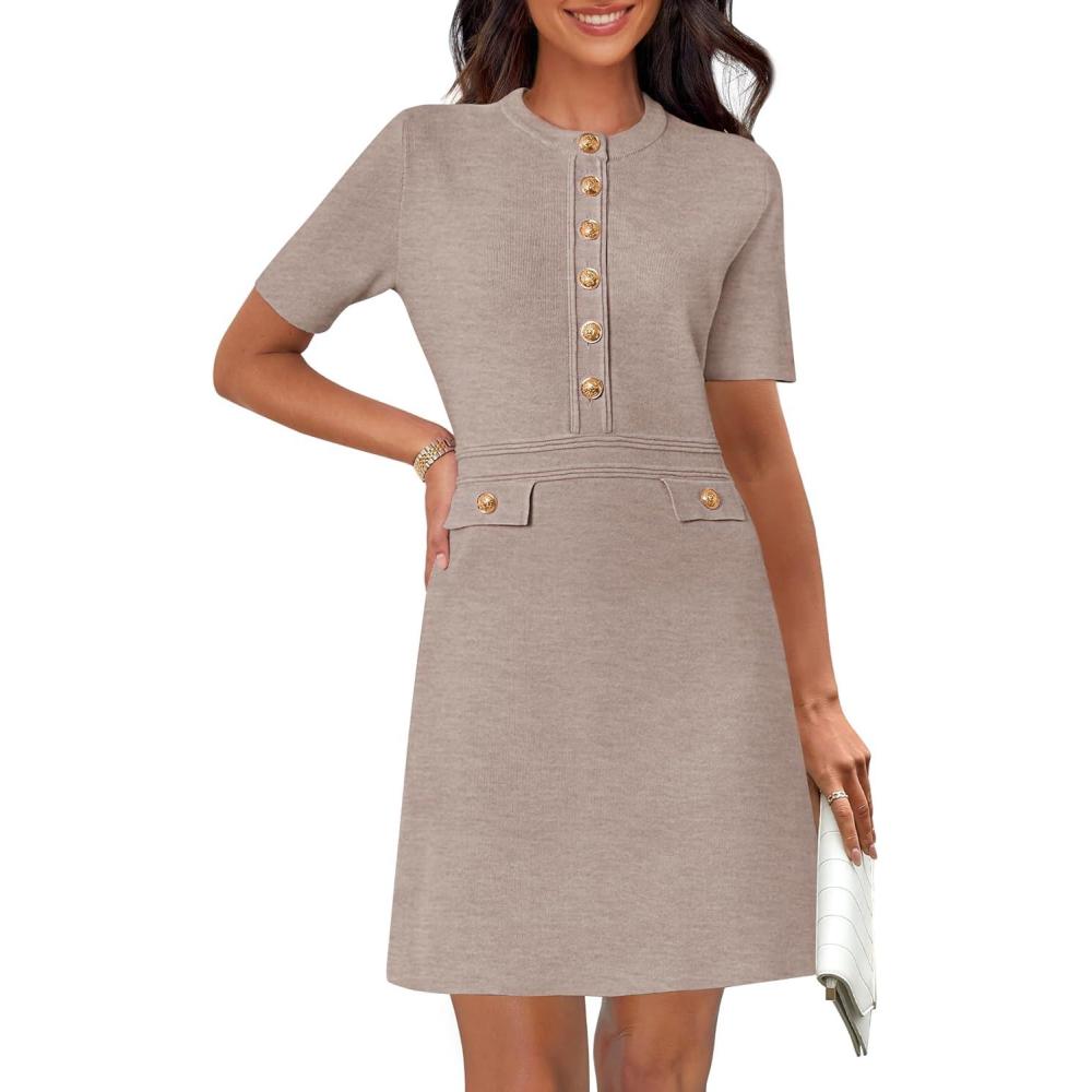 imageMEROKEETY Womens Knit Bodycon Sweater Dress Button Business Work Short Sleeve Formal Elegant Mini DressCashmere
