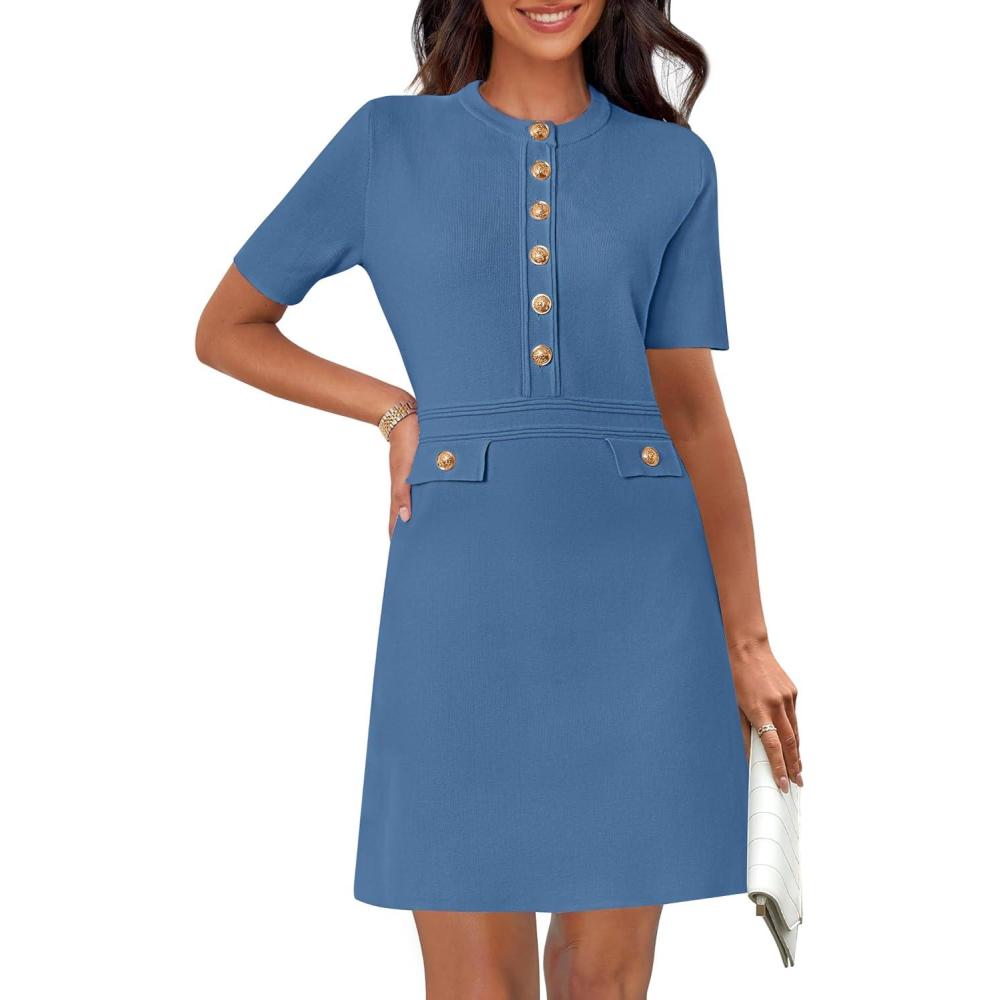 imageMEROKEETY Womens Knit Bodycon Sweater Dress Button Business Work Short Sleeve Formal Elegant Mini DressDarkblue