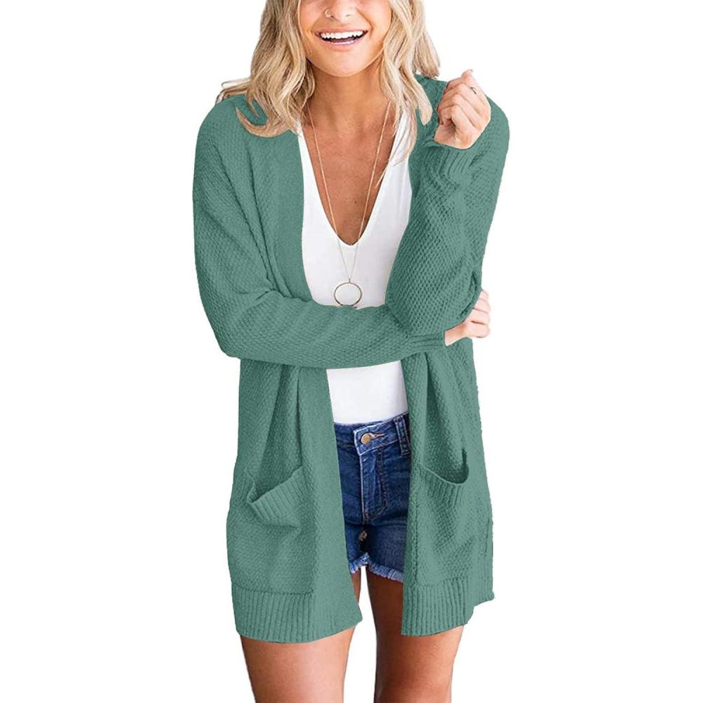 imageMEROKEETY Womens Long Sleeve Cardigan Sweaters Open Front Waffle Knit Cozy Sweater Coat with PocketsDusty Green