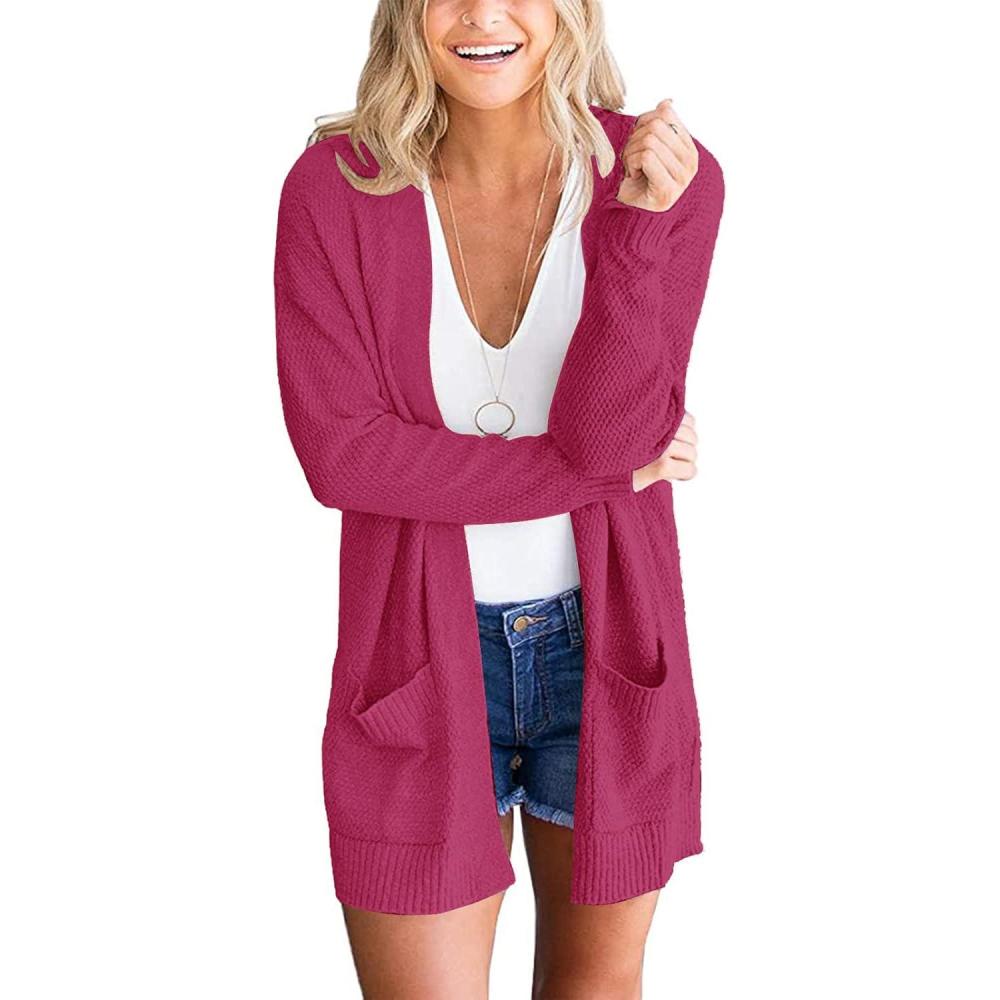 imageMEROKEETY Womens Long Sleeve Cardigan Sweaters Open Front Waffle Knit Cozy Sweater Coat with PocketsPlum