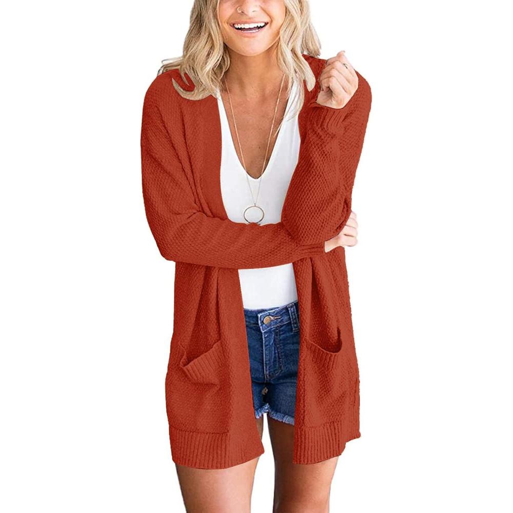imageMEROKEETY Womens Long Sleeve Cardigan Sweaters Open Front Waffle Knit Cozy Sweater Coat with PocketsRust