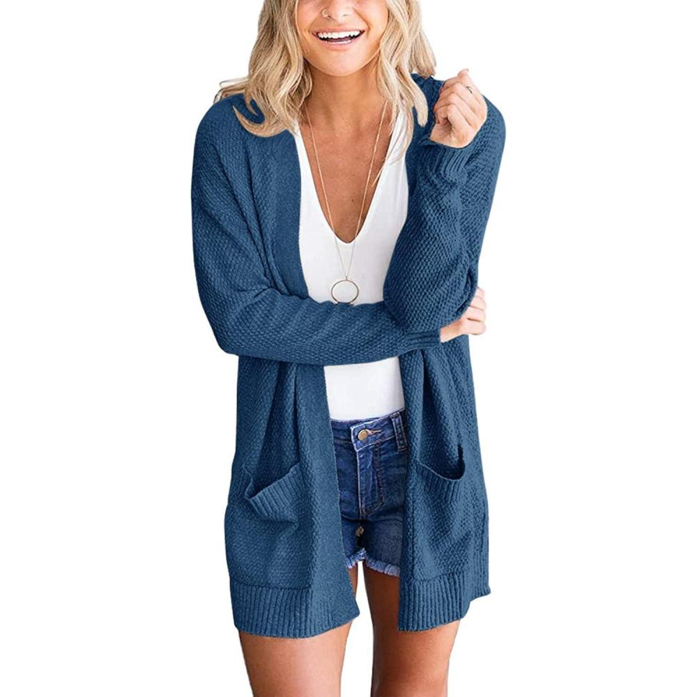 imageMEROKEETY Womens Long Sleeve Cardigan Sweaters Open Front Waffle Knit Cozy Sweater Coat with PocketsTeal