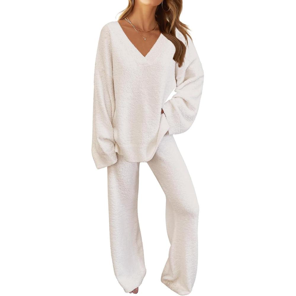 imageMEROKEETY Womens Lounge Sets 2026 Fall Fashion 2 Piece Outfits Sweater Pajama Set Fuzzy Loungewear Matching Winter ClothesBeige