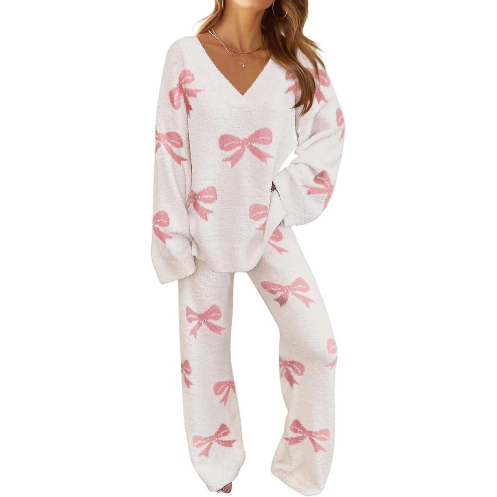 imageMEROKEETY Womens Lounge Sets 2026 Fall Fashion 2 Piece Outfits Sweater Pajama Set Fuzzy Loungewear Matching Winter ClothesBowbeige