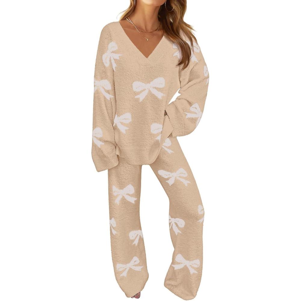 imageMEROKEETY Womens Lounge Sets 2026 Fall Fashion 2 Piece Outfits Sweater Pajama Set Fuzzy Loungewear Matching Winter ClothesBowkhaki