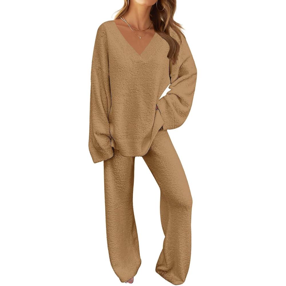 imageMEROKEETY Womens Lounge Sets 2026 Fall Fashion 2 Piece Outfits Sweater Pajama Set Fuzzy Loungewear Matching Winter ClothesCamel