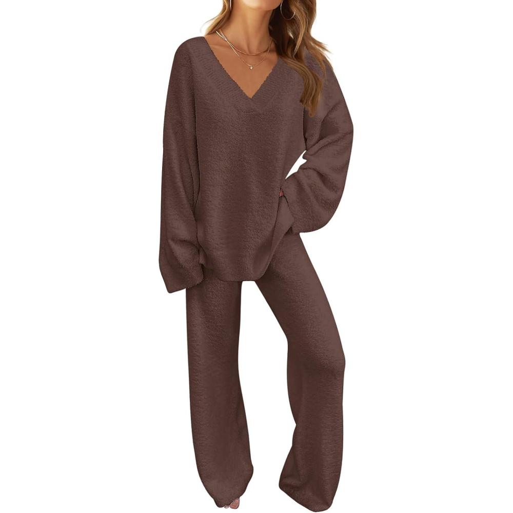 imageMEROKEETY Womens Lounge Sets 2026 Fall Fashion 2 Piece Outfits Sweater Pajama Set Fuzzy Loungewear Matching Winter ClothesCoffee