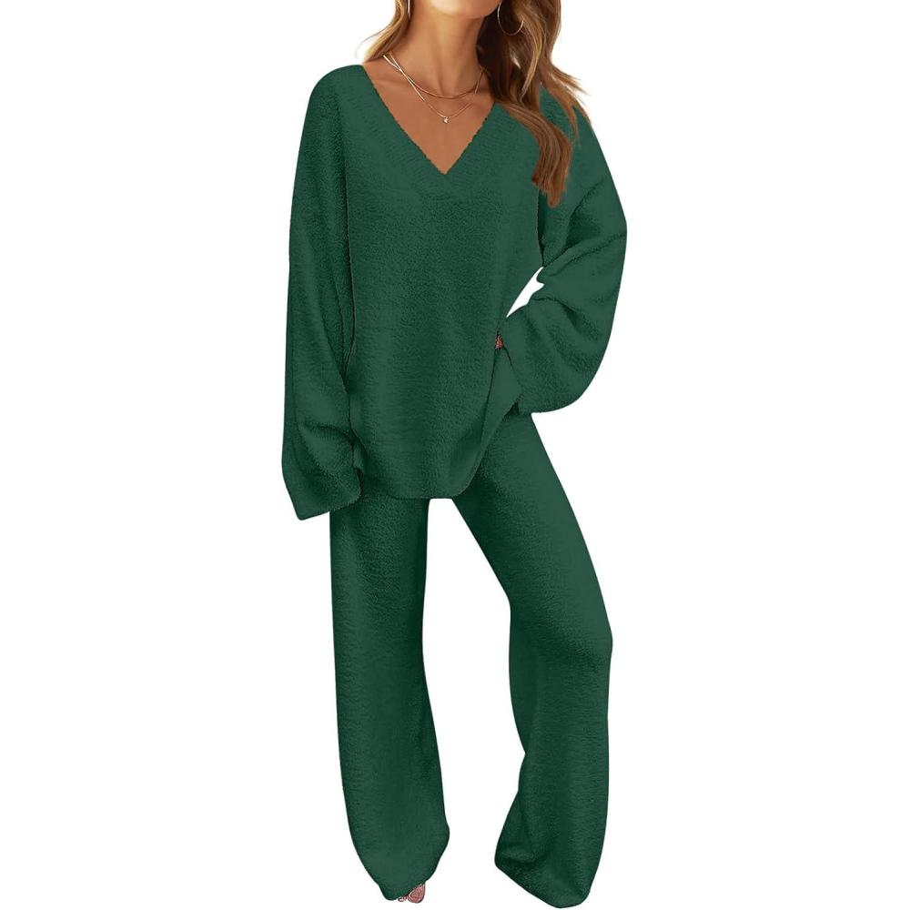 imageMEROKEETY Womens Lounge Sets 2026 Fall Fashion 2 Piece Outfits Sweater Pajama Set Fuzzy Loungewear Matching Winter ClothesGreen