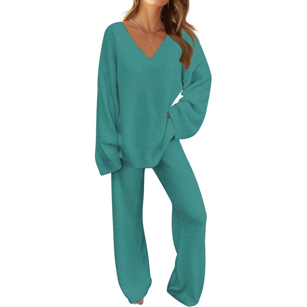 imageMEROKEETY Womens Lounge Sets 2026 Fall Fashion 2 Piece Outfits Sweater Pajama Set Fuzzy Loungewear Matching Winter ClothesLakeblue