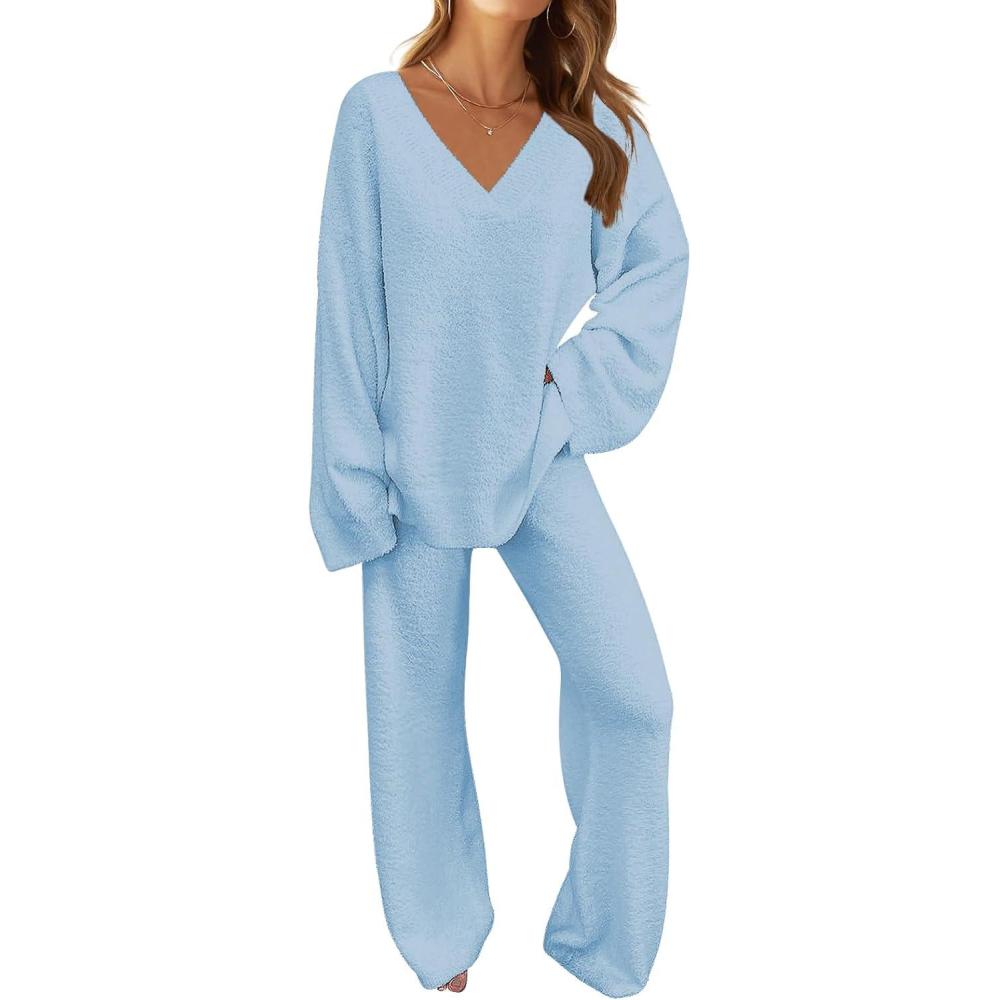 imageMEROKEETY Womens Lounge Sets 2026 Fall Fashion 2 Piece Outfits Sweater Pajama Set Fuzzy Loungewear Matching Winter ClothesLightblue