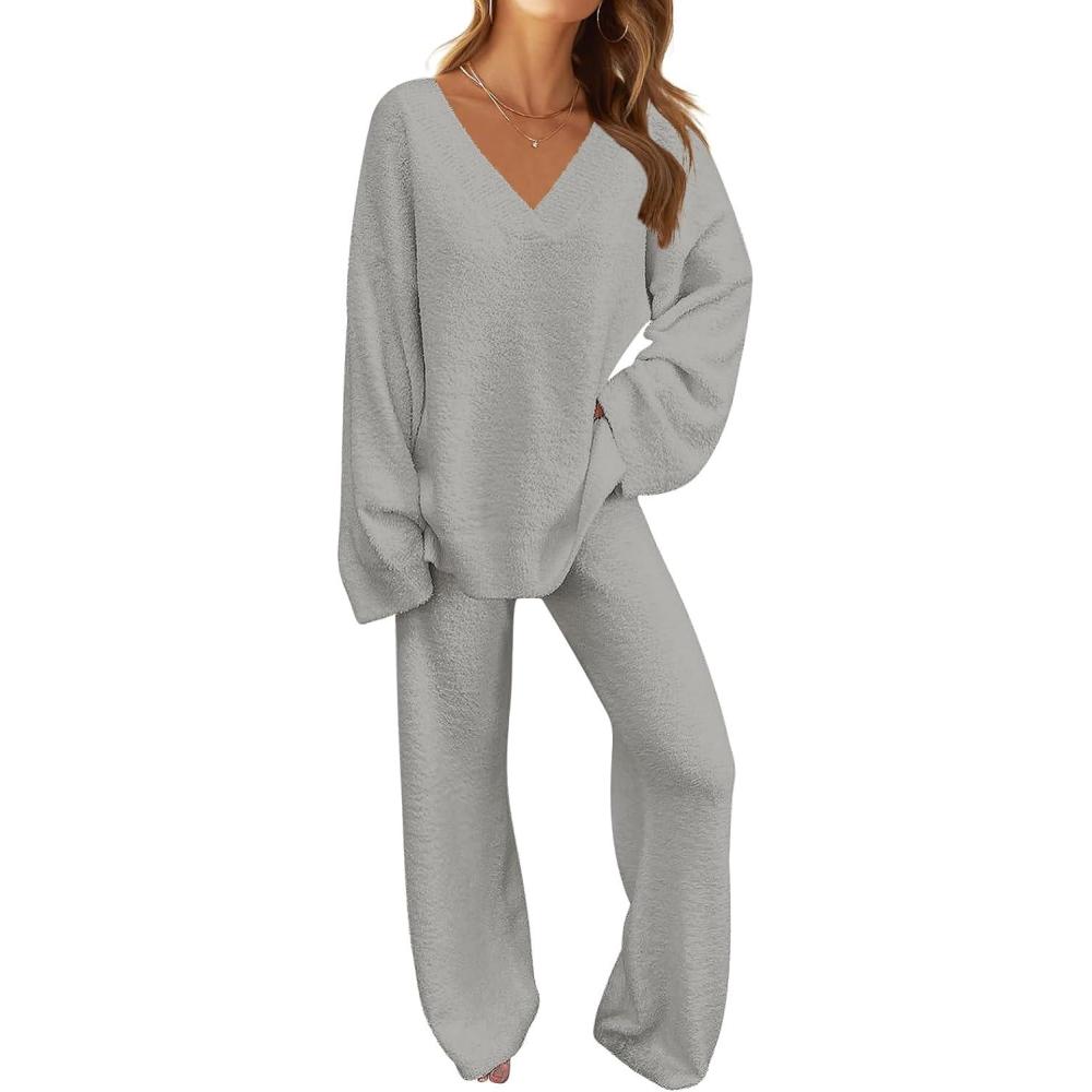 imageMEROKEETY Womens Lounge Sets 2026 Fall Fashion 2 Piece Outfits Sweater Pajama Set Fuzzy Loungewear Matching Winter ClothesLightgrey