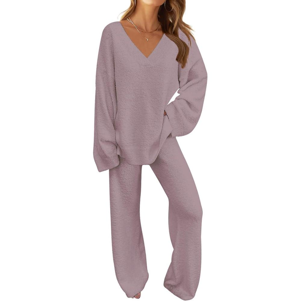 imageMEROKEETY Womens Lounge Sets 2026 Fall Fashion 2 Piece Outfits Sweater Pajama Set Fuzzy Loungewear Matching Winter ClothesTaro