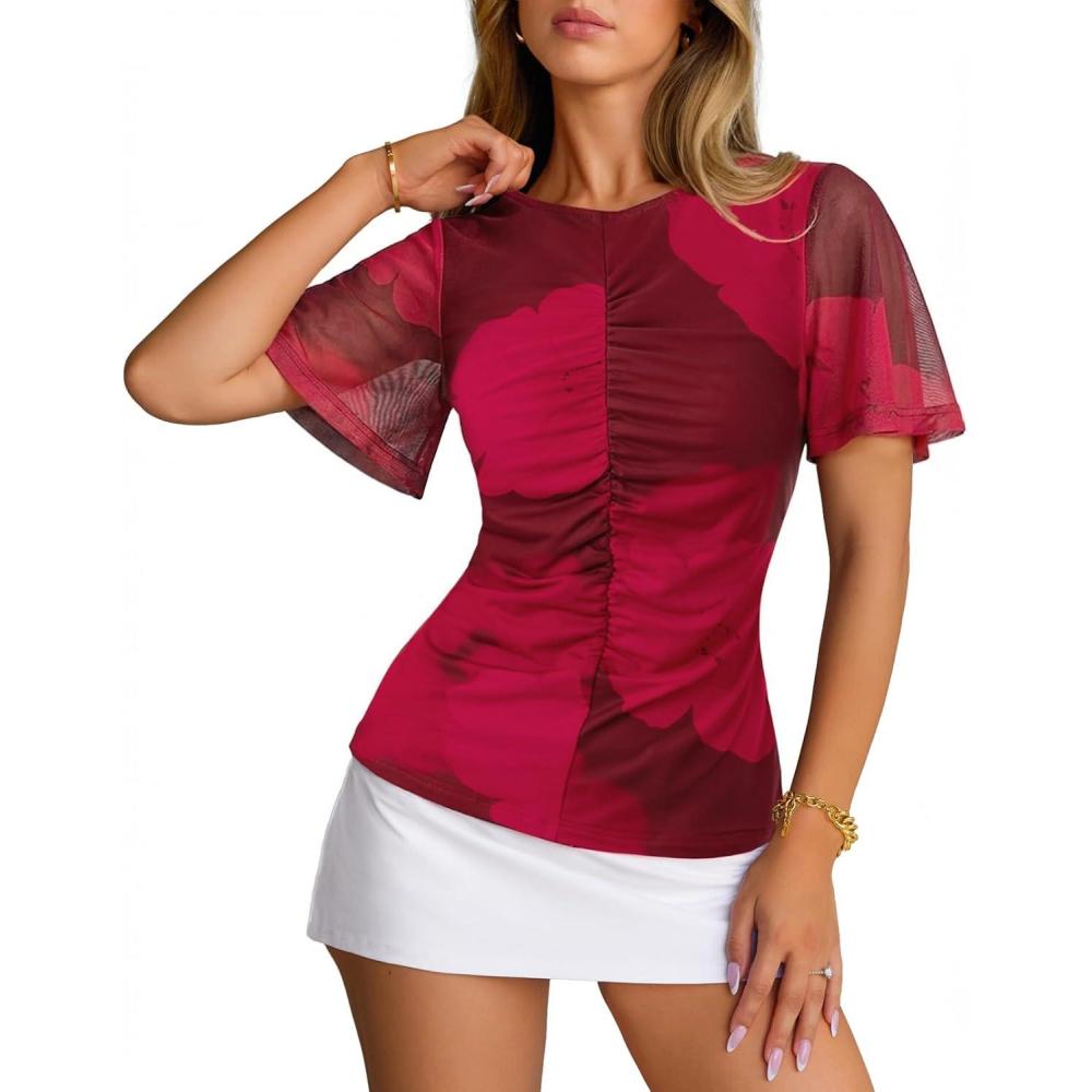 imageMEROKEETY Womens Mesh Floral Tops Summer 2026 Ruched Ruffle Short Sleeve Crew Neck Trendy Going Out BlouseRed