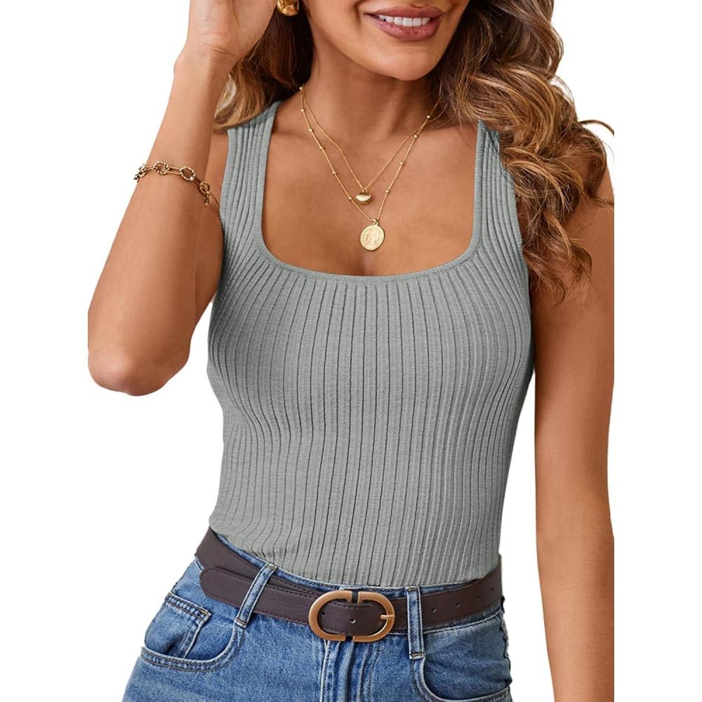 imageMEROKEETY Womens Ribbed Knit Tank Tops 2026 Square Neck Sleeveless Summer Basic Shirts Sweater VestGrey