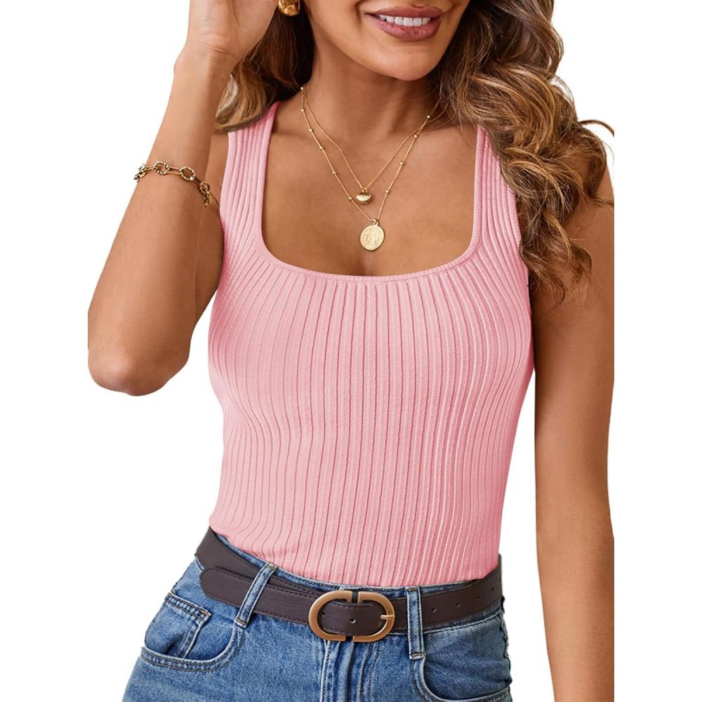 imageMEROKEETY Womens Ribbed Knit Tank Tops 2026 Square Neck Sleeveless Summer Basic Shirts Sweater VestPink