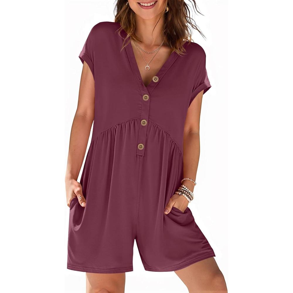 imageMEROKEETY Womens Romper Summer 2026 Casual Cap Sleeve V neck Button Short Jumpsuit Beach Vacation Outfits with PocketsWine