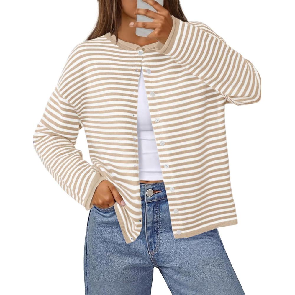 imageMEROKEETY Womens Striped Cardigan Sweaters 2026 Button Lightweight Long Sleeve Loose Knit Fall Sweater ClothesBeige