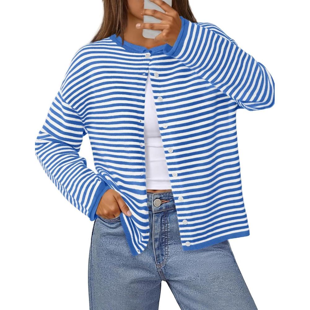 imageMEROKEETY Womens Striped Cardigan Sweaters 2026 Button Lightweight Long Sleeve Loose Knit Fall Sweater ClothesBlue