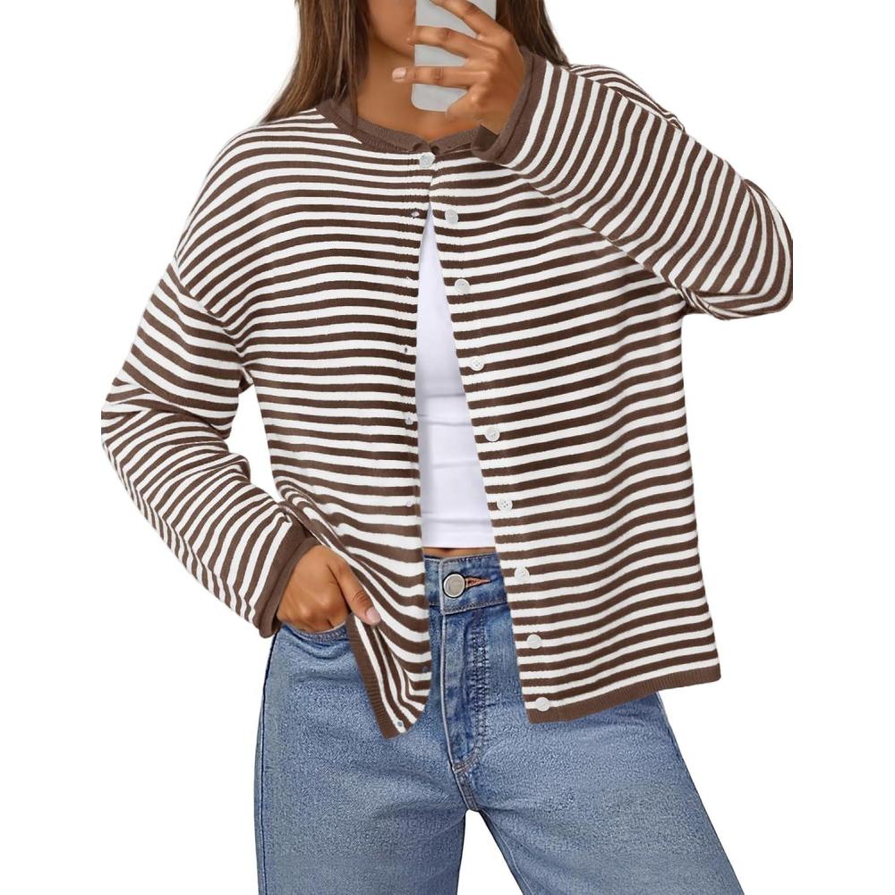imageMEROKEETY Womens Striped Cardigan Sweaters 2026 Button Lightweight Long Sleeve Loose Knit Fall Sweater ClothesBrown