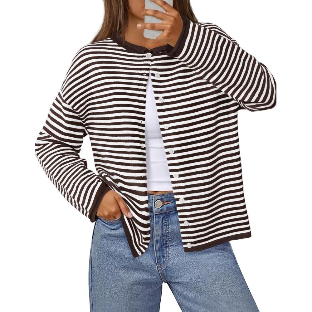 imageMEROKEETY Womens Striped Cardigan Sweaters 2026 Button Lightweight Long Sleeve Loose Knit Fall Sweater ClothesCoffee