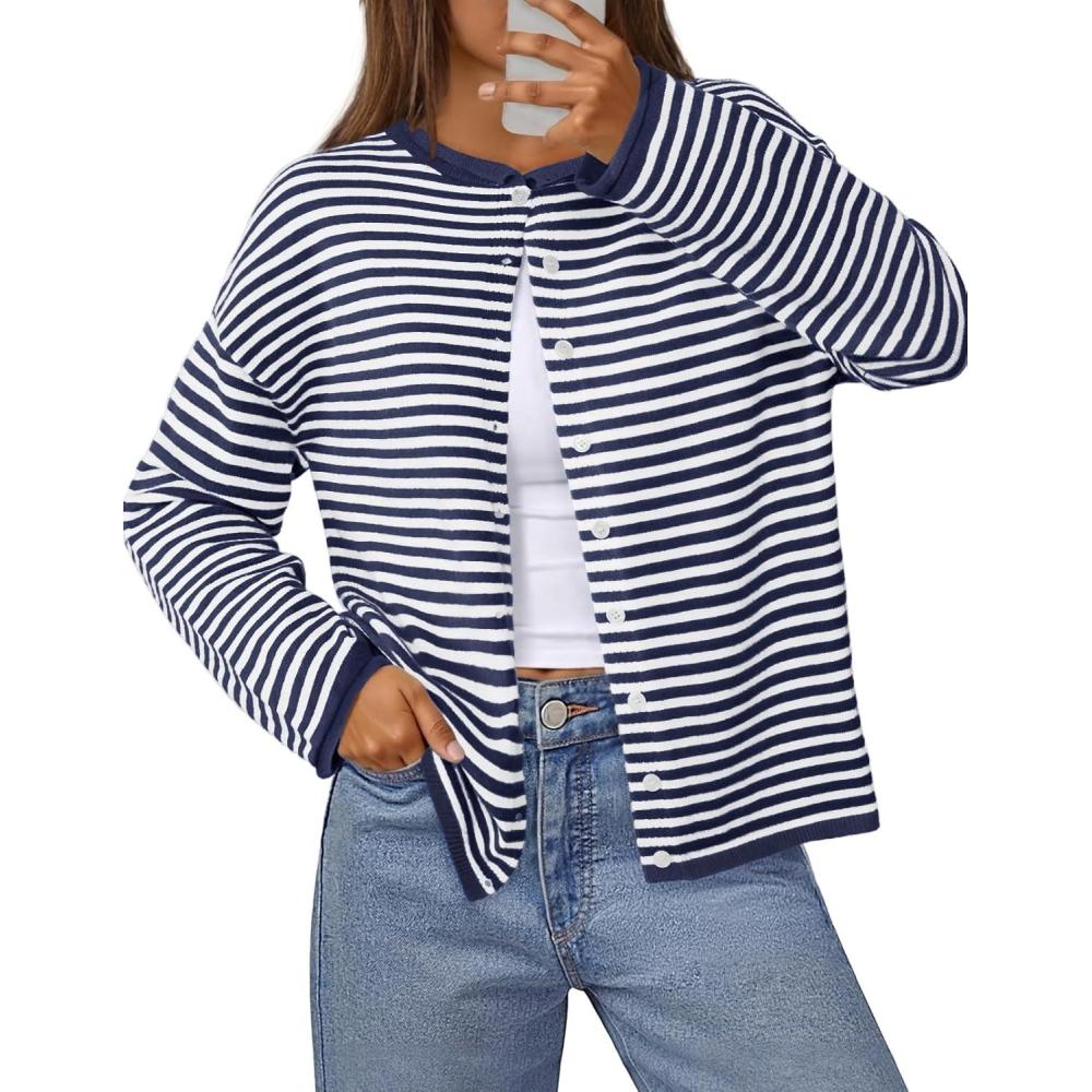 imageMEROKEETY Womens Striped Cardigan Sweaters 2026 Button Lightweight Long Sleeve Loose Knit Fall Sweater ClothesNavy
