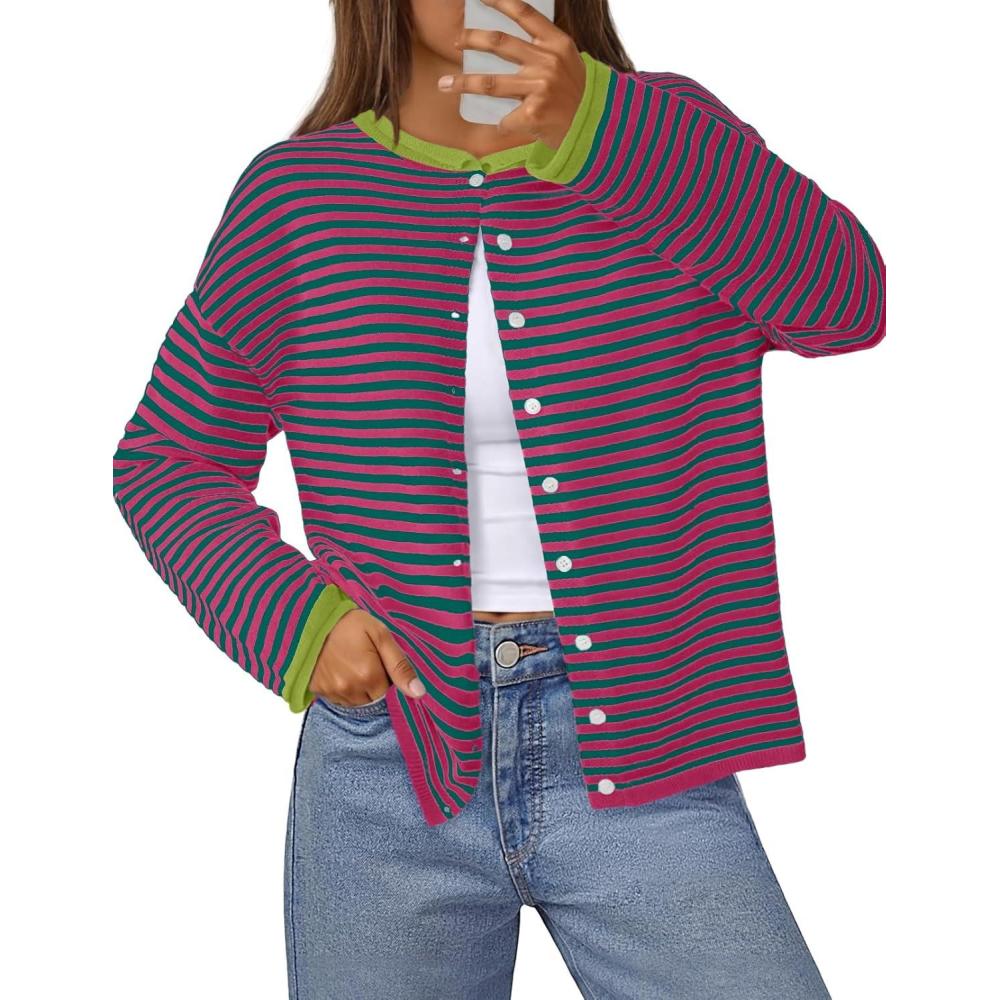 imageMEROKEETY Womens Striped Cardigan Sweaters 2026 Button Lightweight Long Sleeve Loose Knit Fall Sweater ClothesPinkgreen