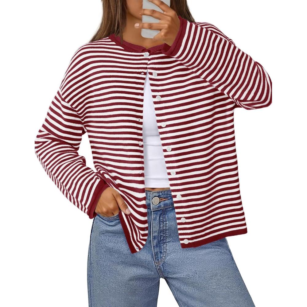 imageMEROKEETY Womens Striped Cardigan Sweaters 2026 Button Lightweight Long Sleeve Loose Knit Fall Sweater ClothesRed