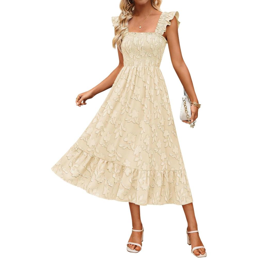 imageMEROKEETY Womens Summer Boho Midi Dress 2026 Casual Floral Square Neck Sleeveless Smocked Flowy Ruffle Beach Long DressesApricot